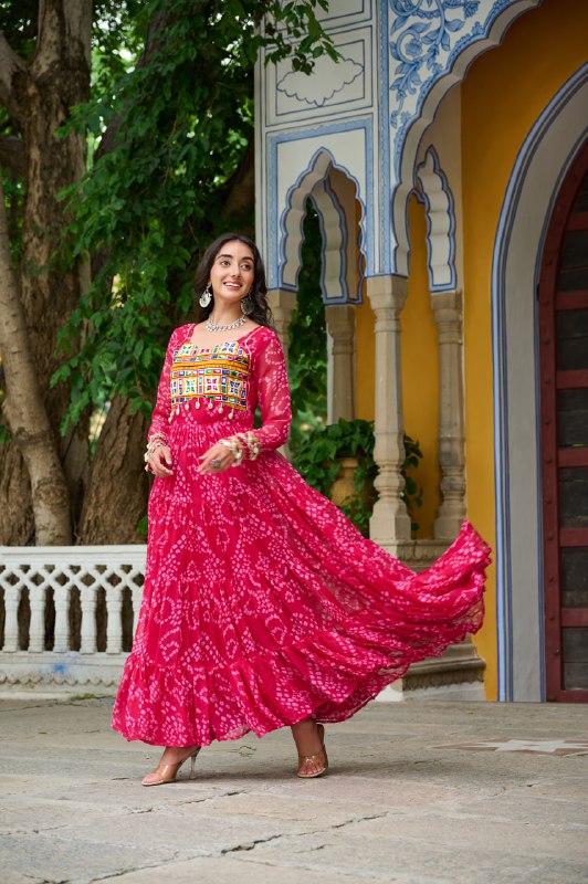 Womenline Pink Colour Bandhani Print Faux Georgette Gown