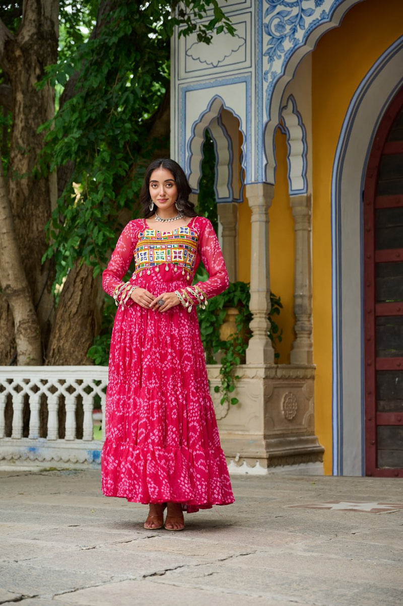 Womenline Pink Colour Bandhani Print Faux Georgette Gown