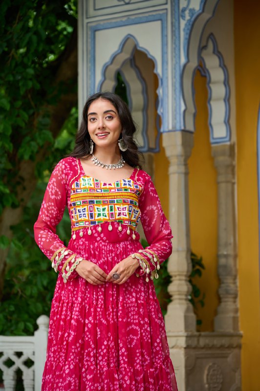 Womenline Pink Colour Bandhani Print Faux Georgette Gown