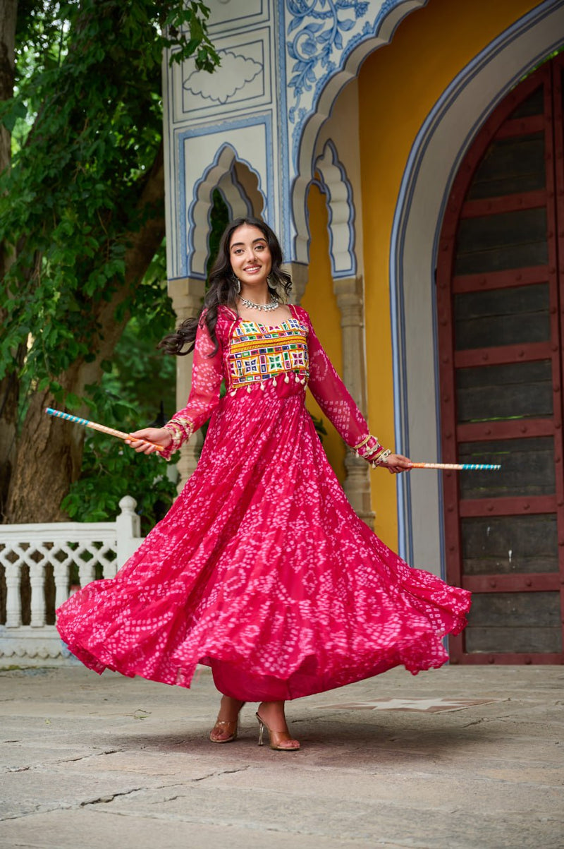 Womenline Pink Colour Bandhani Print Faux Georgette Gown