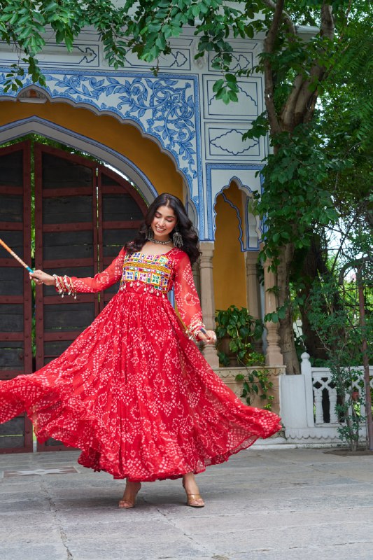 Womenline Red Colour Bandhani Print Faux Georgette Gown