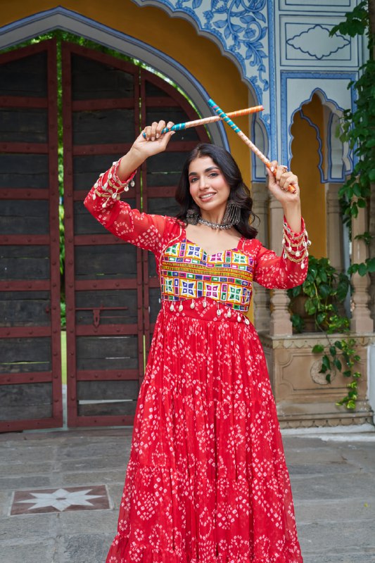 Womenline Red Colour Bandhani Print Faux Georgette Gown