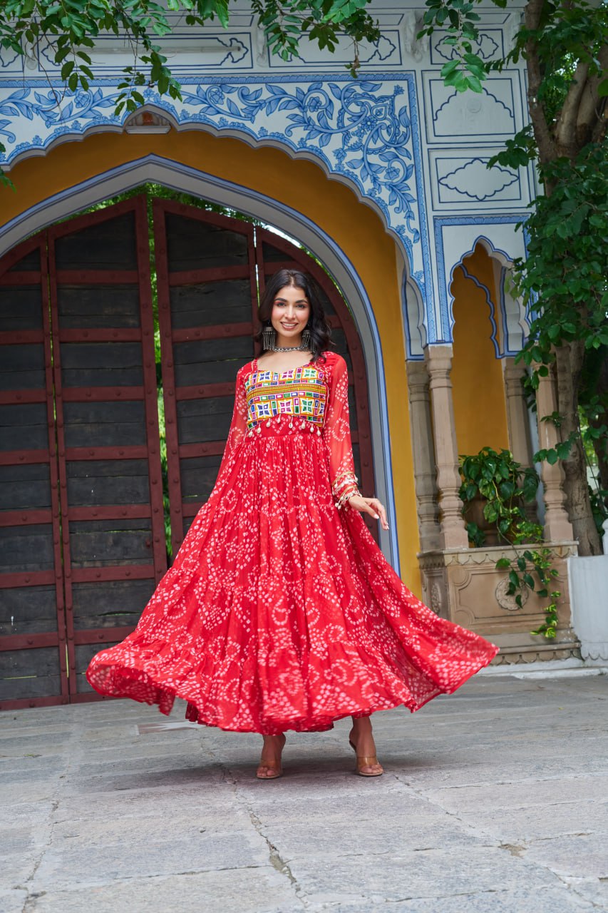 Womenline Red Colour Bandhani Print Faux Georgette Gown
