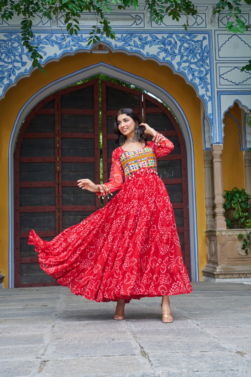 Womenline Red Colour Bandhani Print Faux Georgette Gown