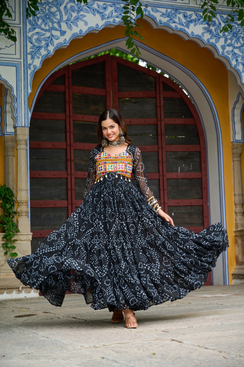 Womenline Black Colour Bandhani Print Faux Georgette Gown