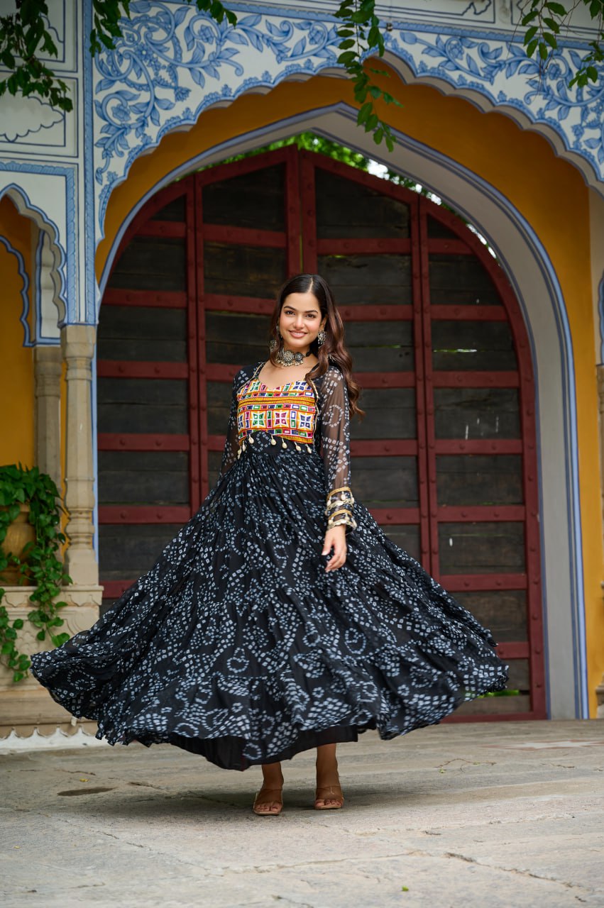 Womenline Black Colour Bandhani Print Faux Georgette Gown