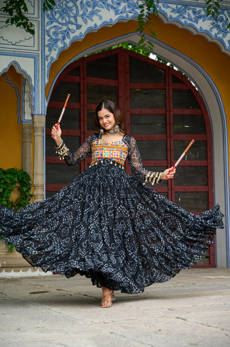 Womenline Black Colour Bandhani Print Faux Georgette Gown