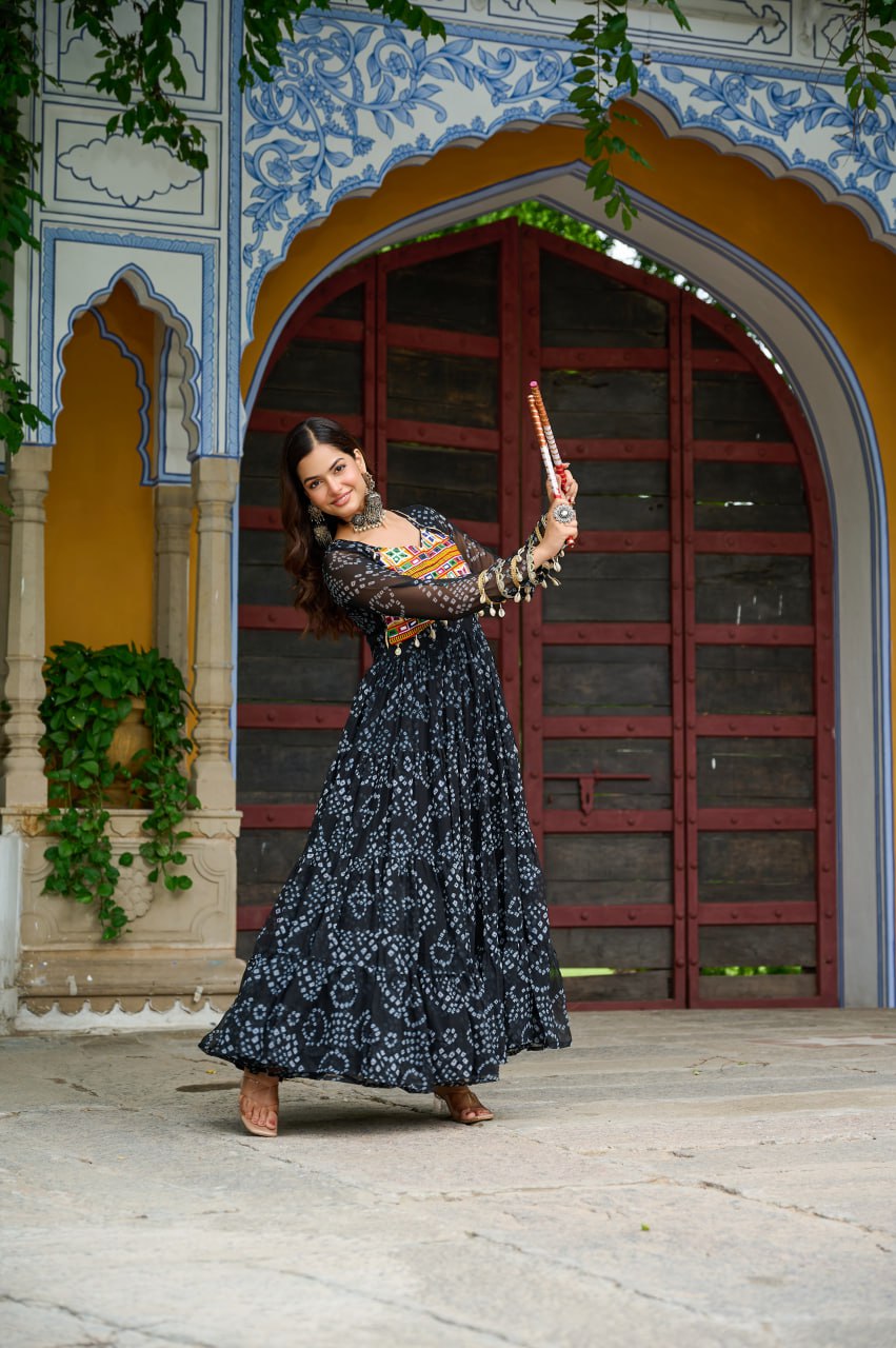 Womenline Black Colour Bandhani Print Faux Georgette Gown
