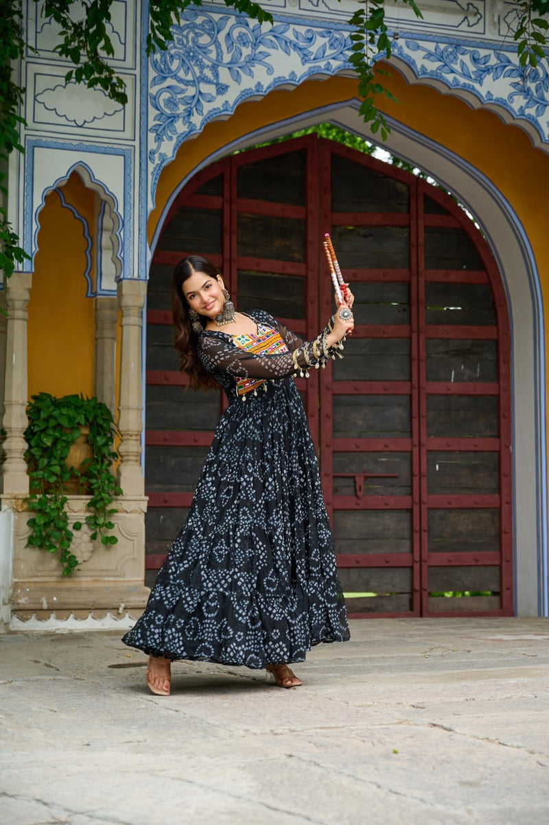 Womenline Black Colour Bandhani Print Faux Georgette Gown
