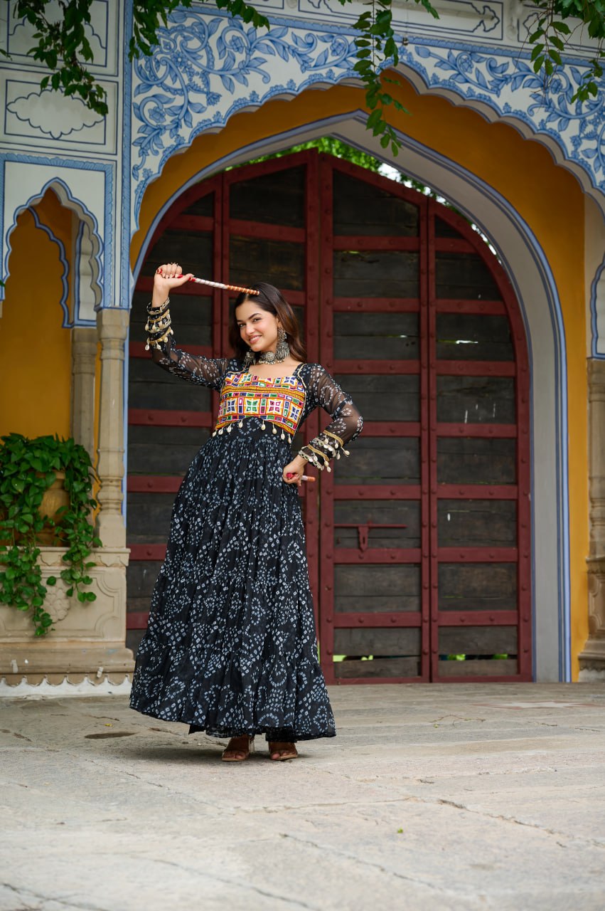 Womenline Black Colour Bandhani Print Faux Georgette Gown