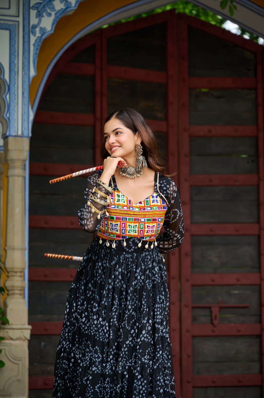 Womenline Black Colour Bandhani Print Faux Georgette Gown