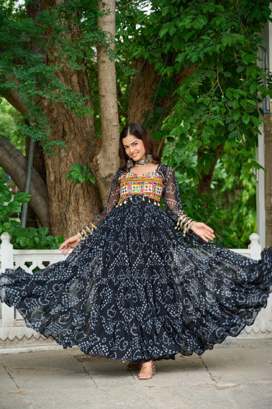 Womenline Black Colour Bandhani Print Faux Georgette Gown