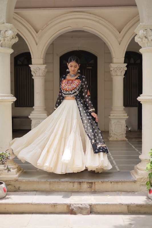 Womenline Black Color Bandhani Print Kurti With Kora Cotton Lehenga