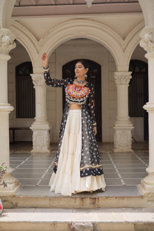 Womenline Black Color Bandhani Print Kurti With Kora Cotton Lehenga