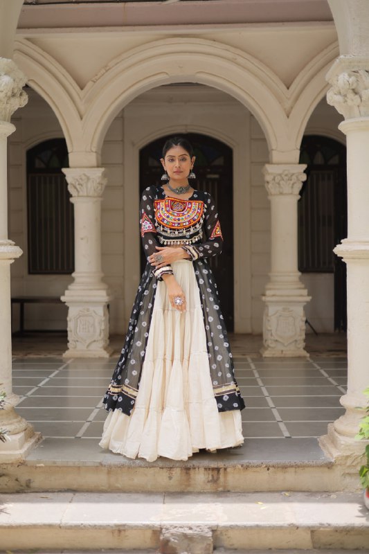 Womenline Black Color Bandhani Print Kurti With Kora Cotton Lehenga