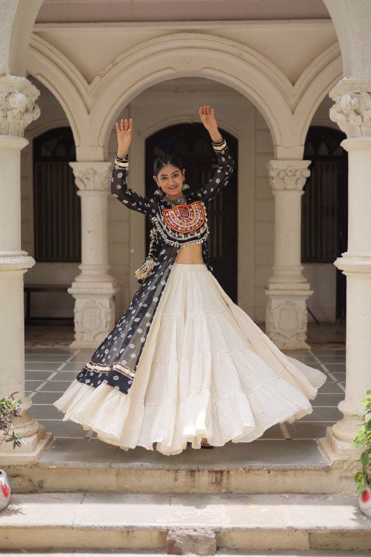 Womenline Black Color Bandhani Print Kurti With Kora Cotton Lehenga