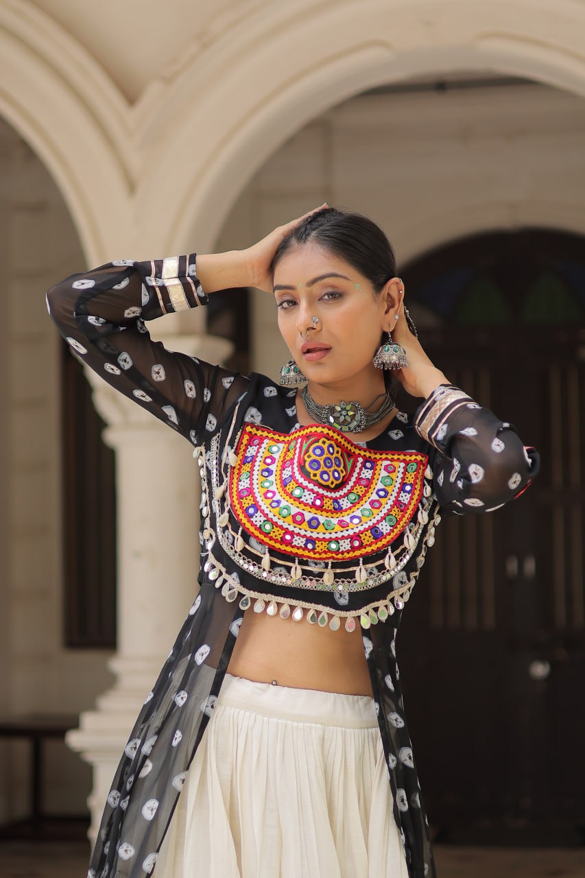 Womenline Black Color Bandhani Print Kurti With Kora Cotton Lehenga