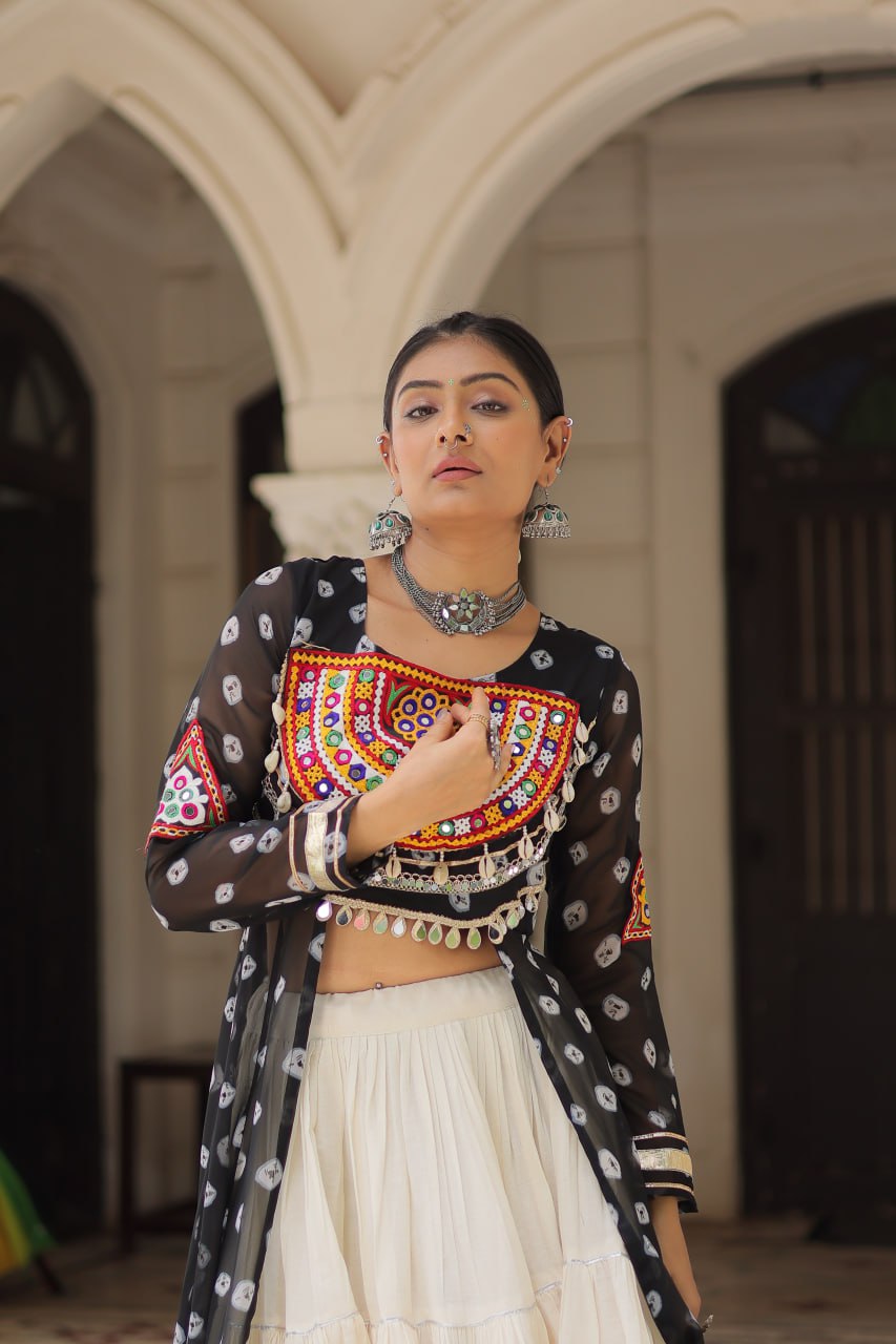 Womenline Black Color Bandhani Print Kurti With Kora Cotton Lehenga