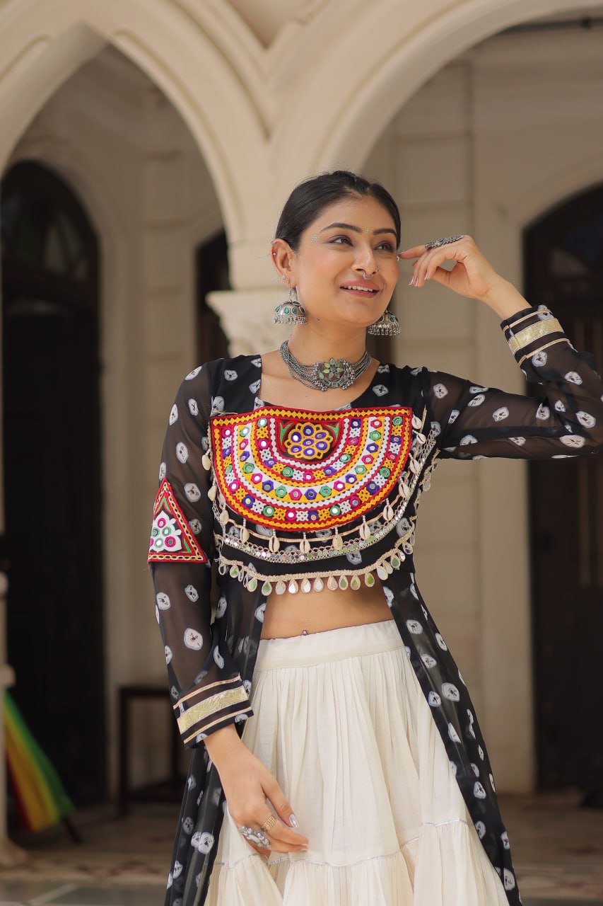 Womenline Black Color Bandhani Print Kurti With Kora Cotton Lehenga