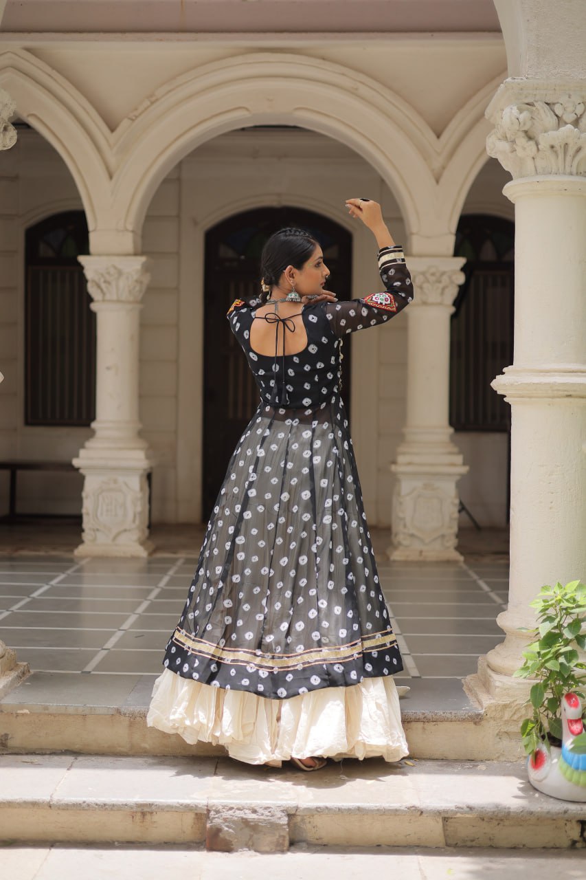 Womenline Black Color Bandhani Print Kurti With Kora Cotton Lehenga