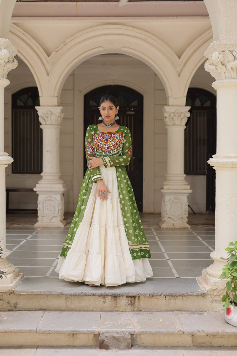 Womenline Parrot Green Color Bandhani Print Kurti With Kora Cotton Lehenga