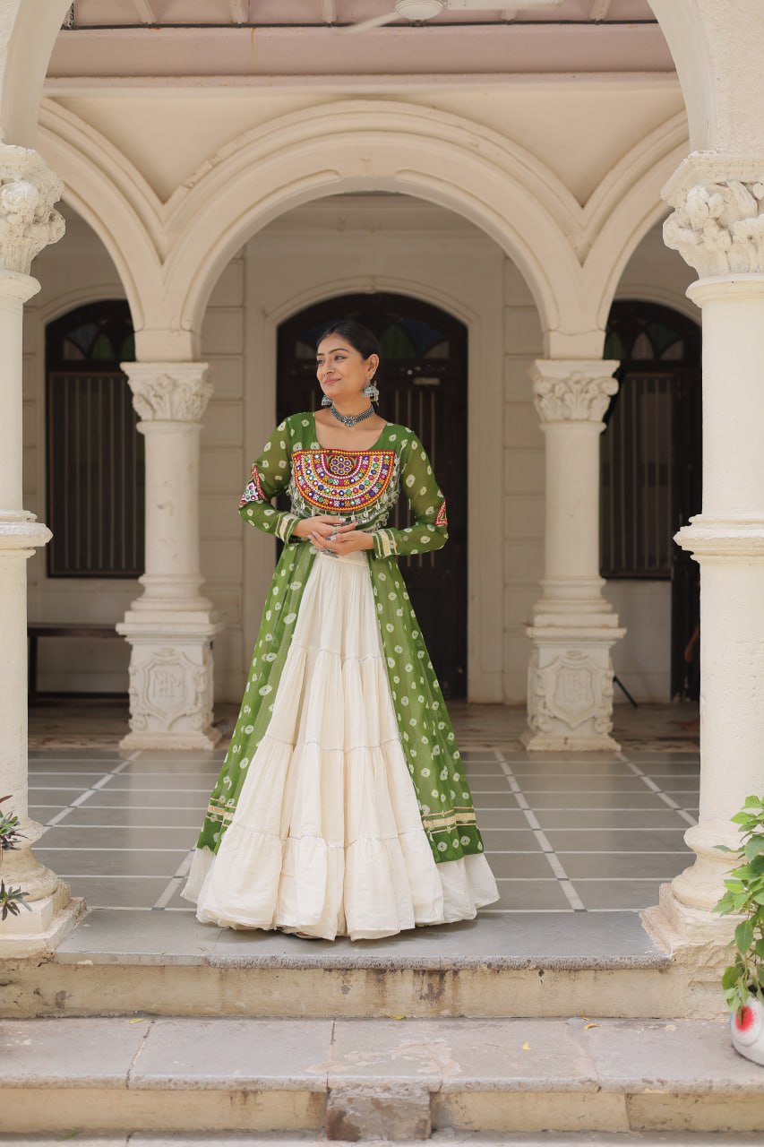 Womenline Parrot Green Color Bandhani Print Kurti With Kora Cotton Lehenga