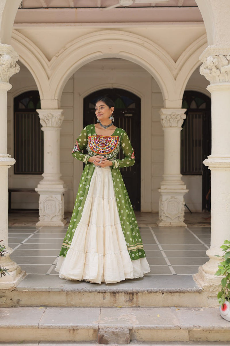 Womenline Parrot Green Color Bandhani Print Kurti With Kora Cotton Lehenga