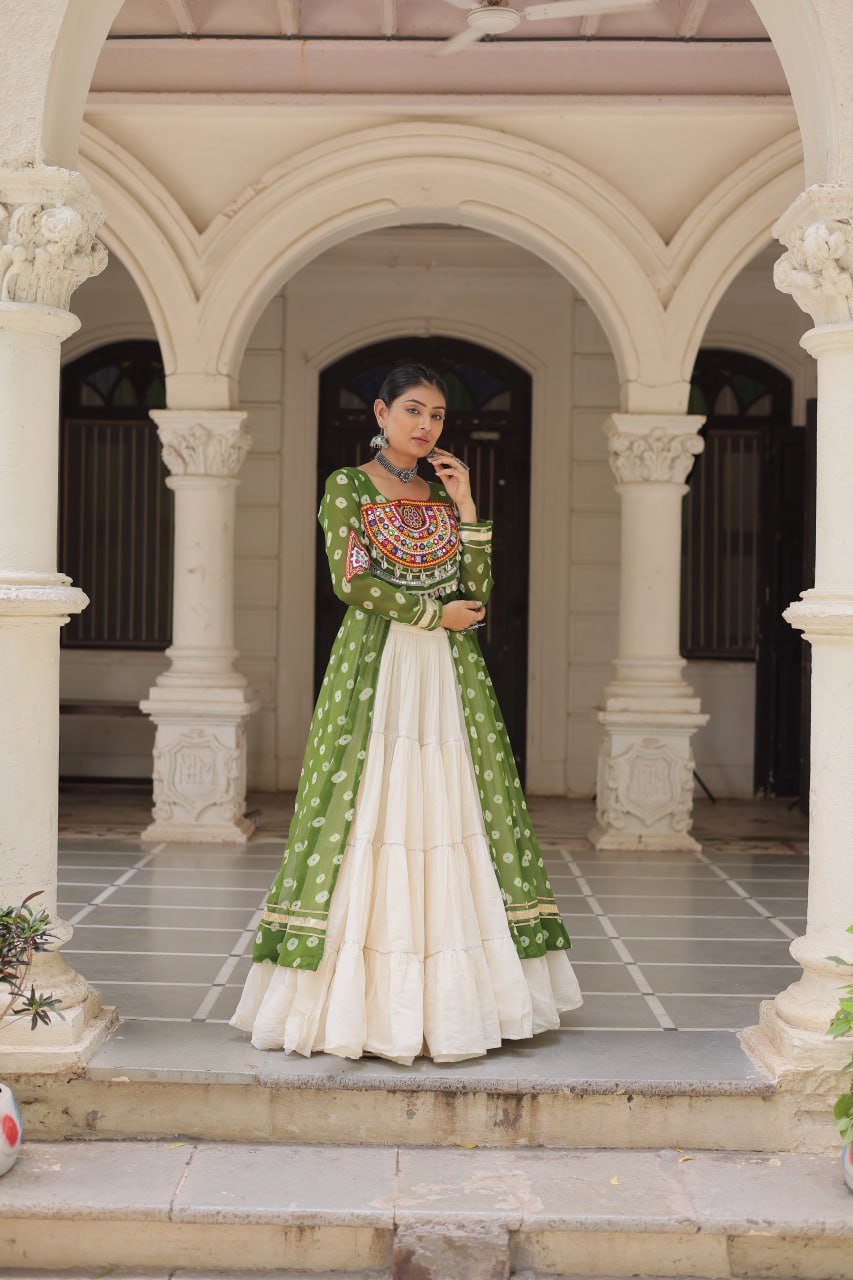 Womenline Parrot Green Color Bandhani Print Kurti With Kora Cotton Lehenga