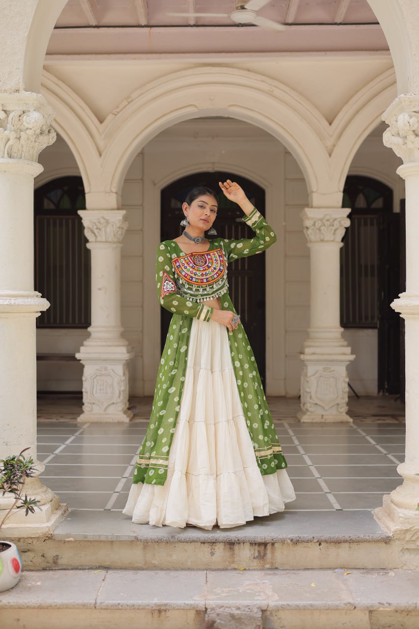 Womenline Parrot Green Color Bandhani Print Kurti With Kora Cotton Lehenga