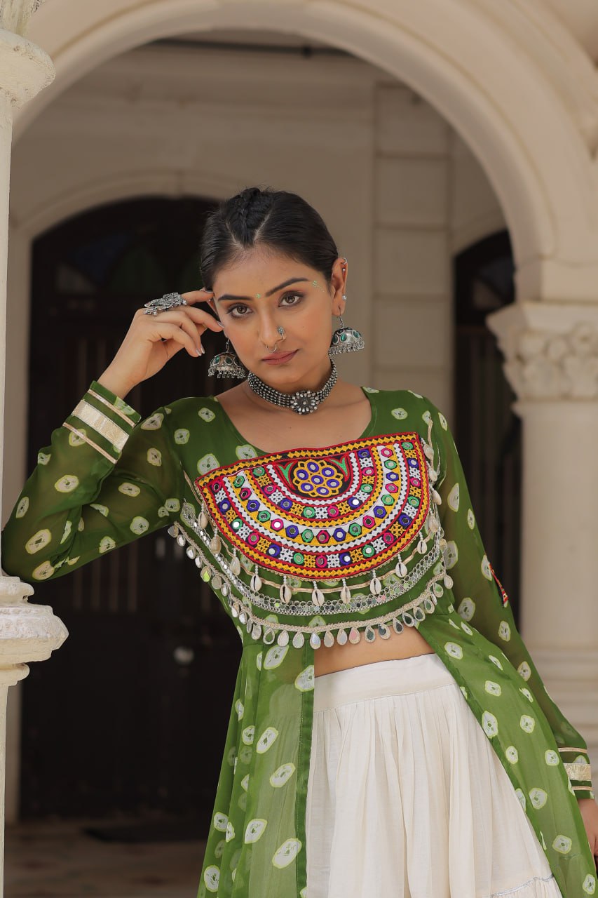 Womenline Parrot Green Color Bandhani Print Kurti With Kora Cotton Lehenga