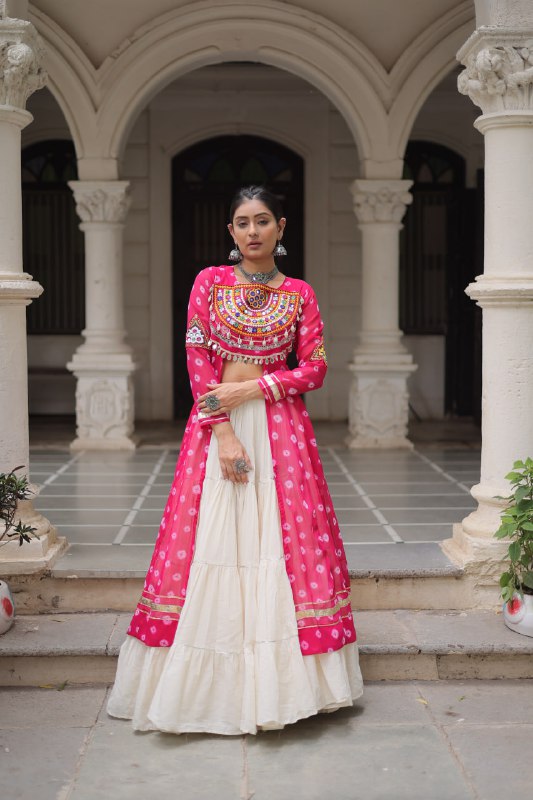 Womenline Pink Color Bandhani Print Kurti With Kora Cotton Lehenga