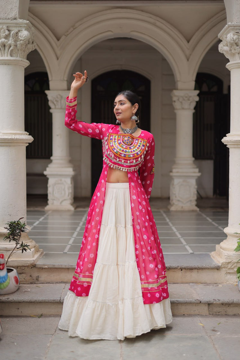 Womenline Pink Color Bandhani Print Kurti With Kora Cotton Lehenga