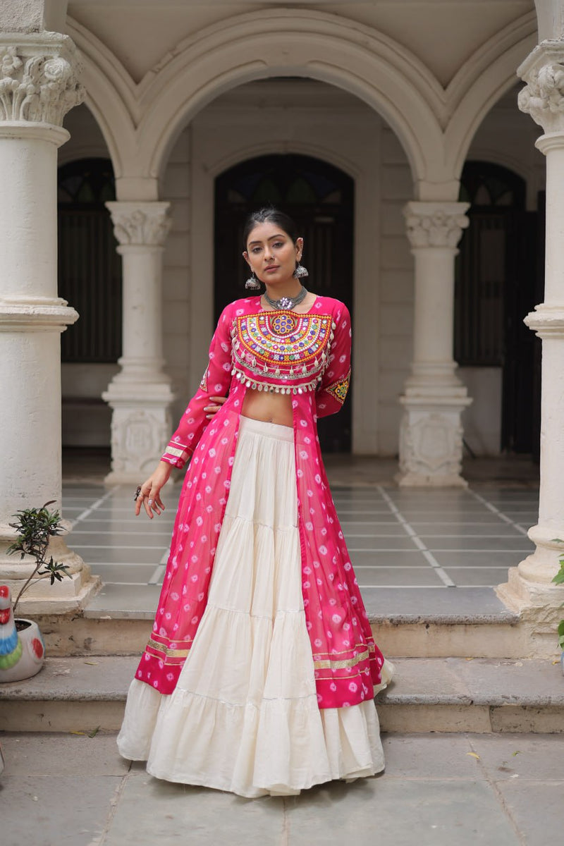 Womenline Pink Color Bandhani Print Kurti With Kora Cotton Lehenga