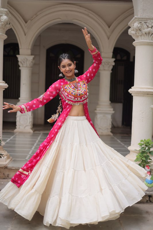 Womenline Pink Color Bandhani Print Kurti With Kora Cotton Lehenga