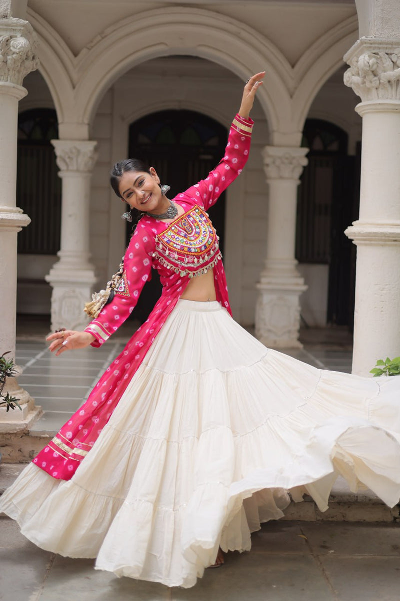 Womenline Pink Color Bandhani Print Kurti With Kora Cotton Lehenga