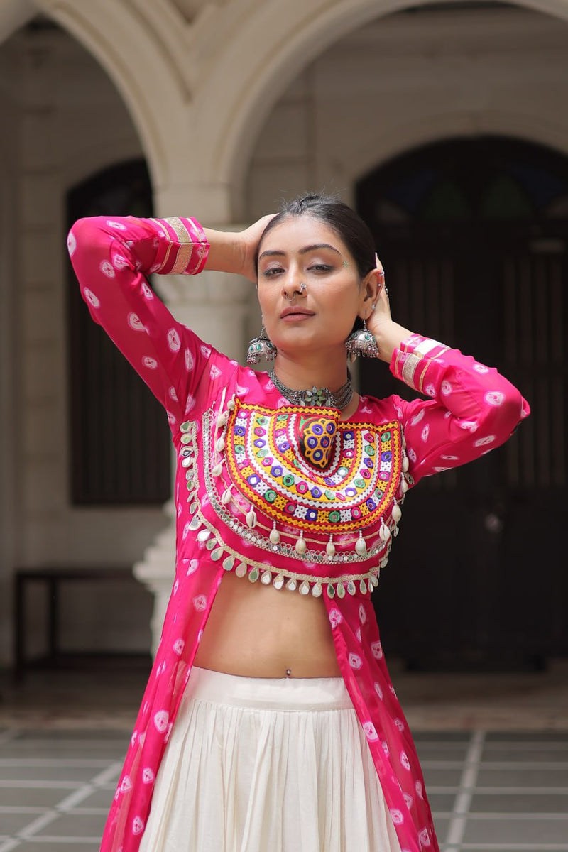 Womenline Pink Color Bandhani Print Kurti With Kora Cotton Lehenga