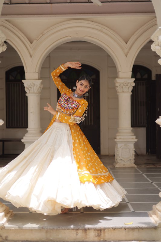Womenline Yellow Color Bandhani Print Kurti With Kora Cotton Lehenga