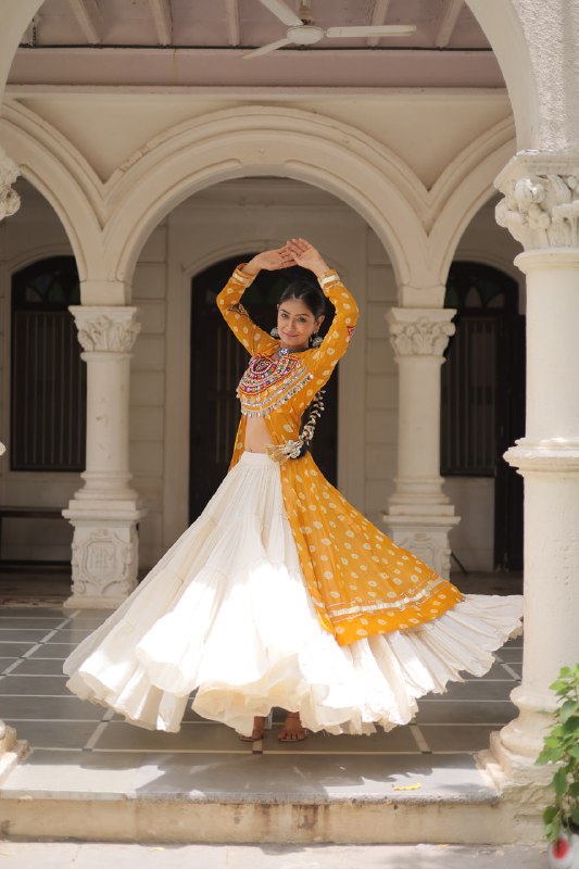 Womenline Yellow Color Bandhani Print Kurti With Kora Cotton Lehenga