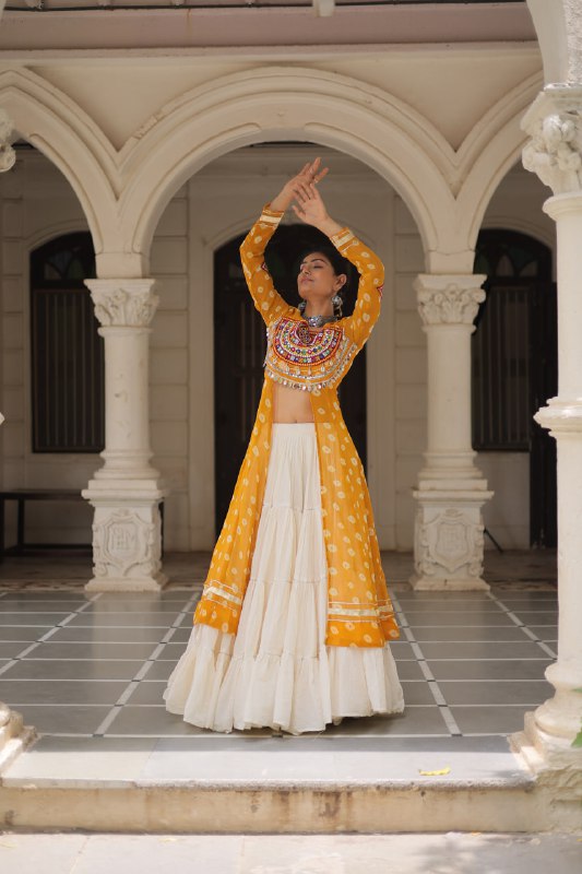 Womenline Yellow Color Bandhani Print Kurti With Kora Cotton Lehenga