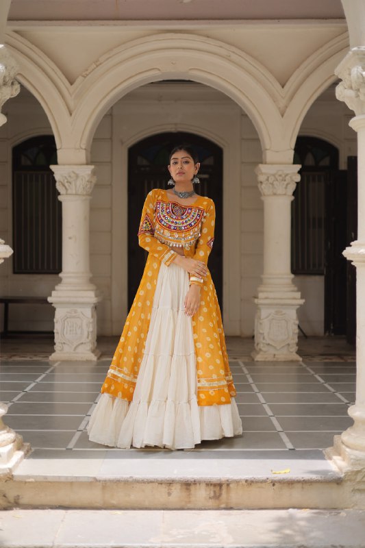 Womenline Yellow Color Bandhani Print Kurti With Kora Cotton Lehenga