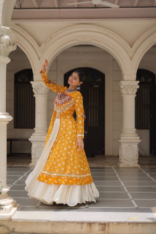 Womenline Yellow Color Bandhani Print Kurti With Kora Cotton Lehenga