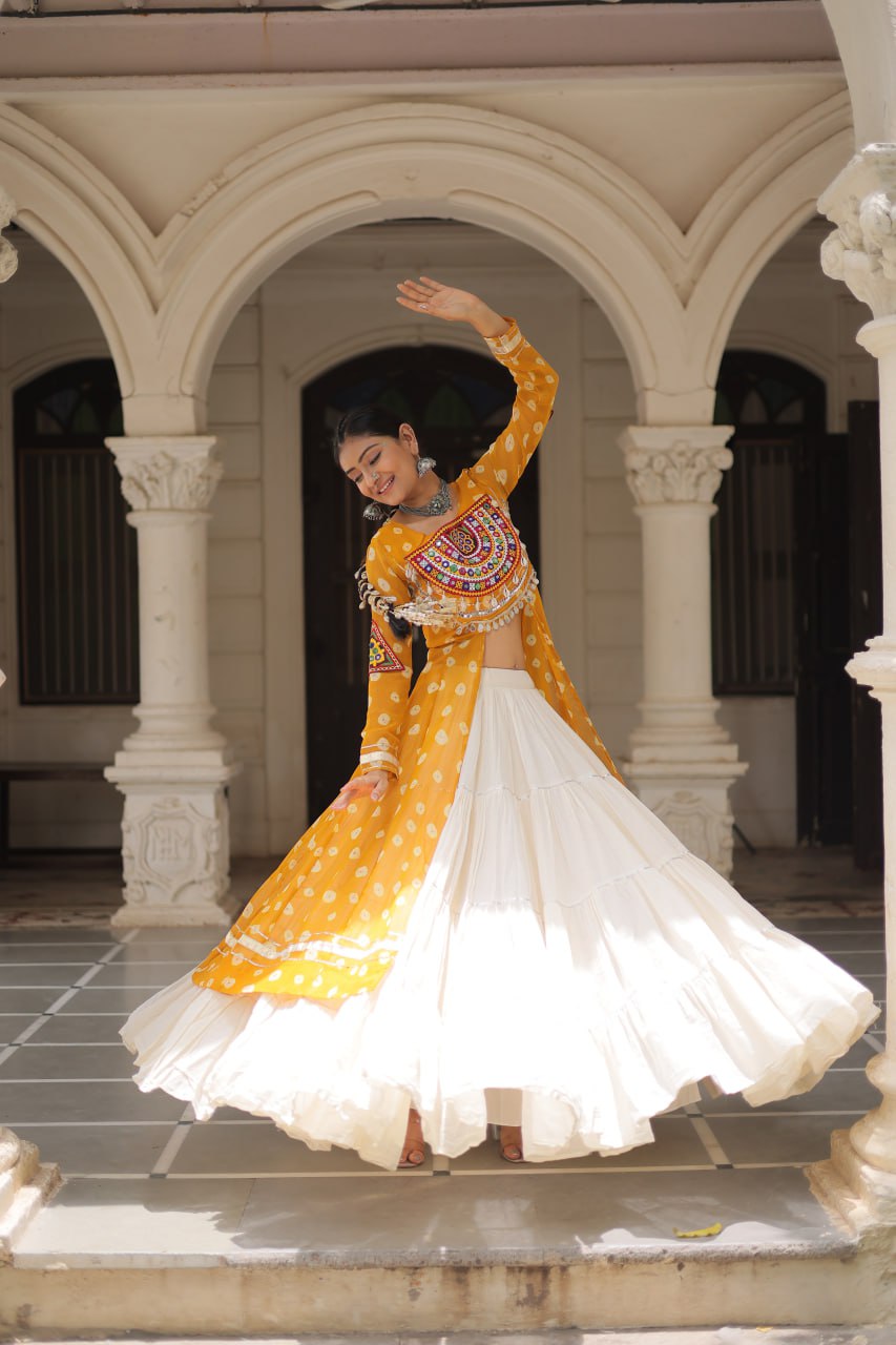 Womenline Yellow Color Bandhani Print Kurti With Kora Cotton Lehenga