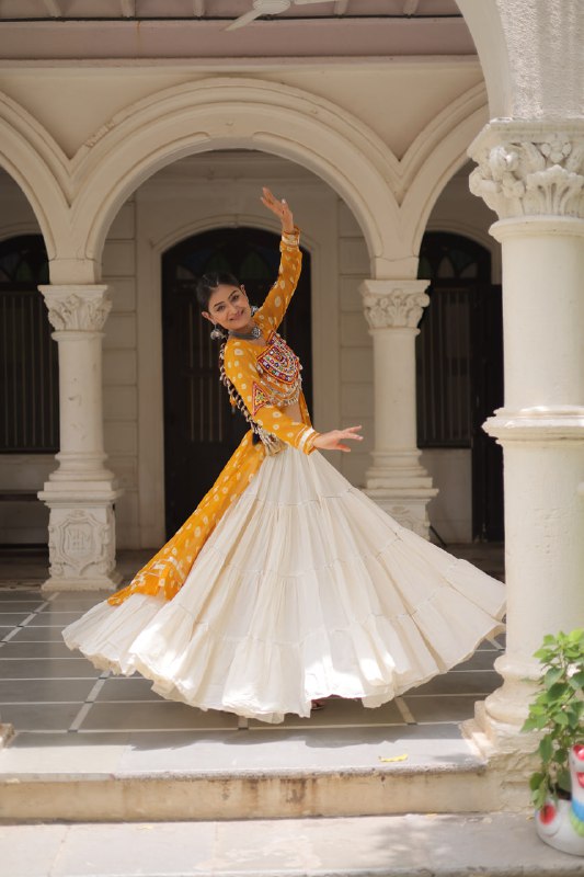 Womenline Yellow Color Bandhani Print Kurti With Kora Cotton Lehenga