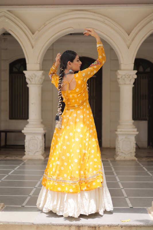Womenline Yellow Color Bandhani Print Kurti With Kora Cotton Lehenga