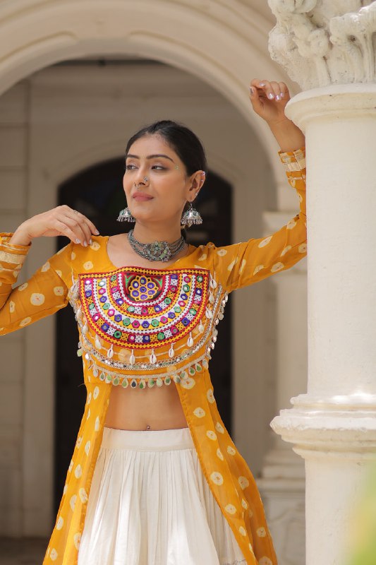 Womenline Yellow Color Bandhani Print Kurti With Kora Cotton Lehenga