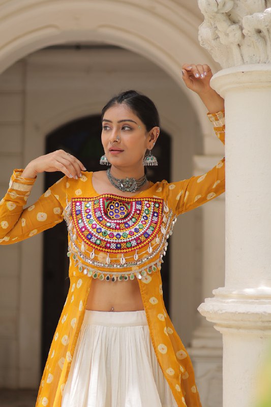 Womenline Yellow Color Bandhani Print Kurti With Kora Cotton Lehenga