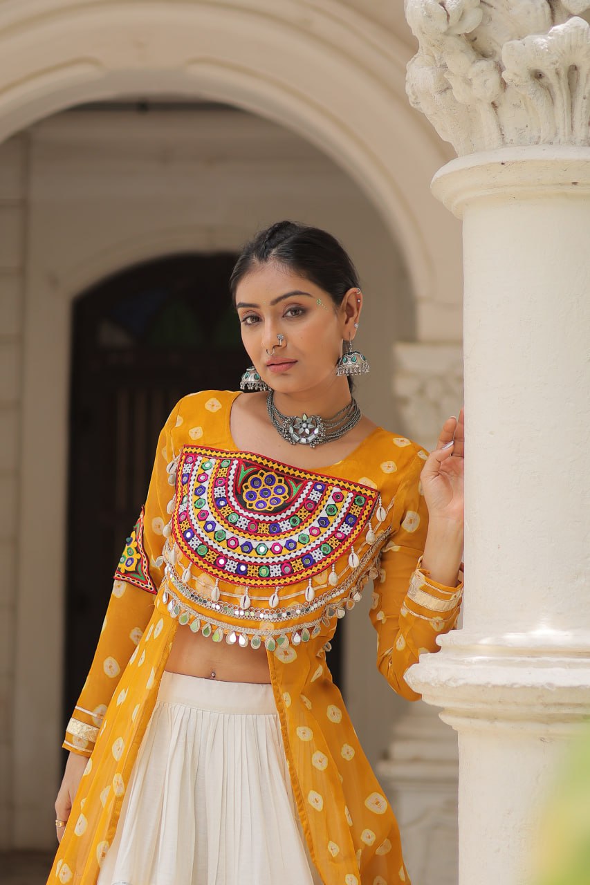 Womenline Yellow Color Bandhani Print Kurti With Kora Cotton Lehenga