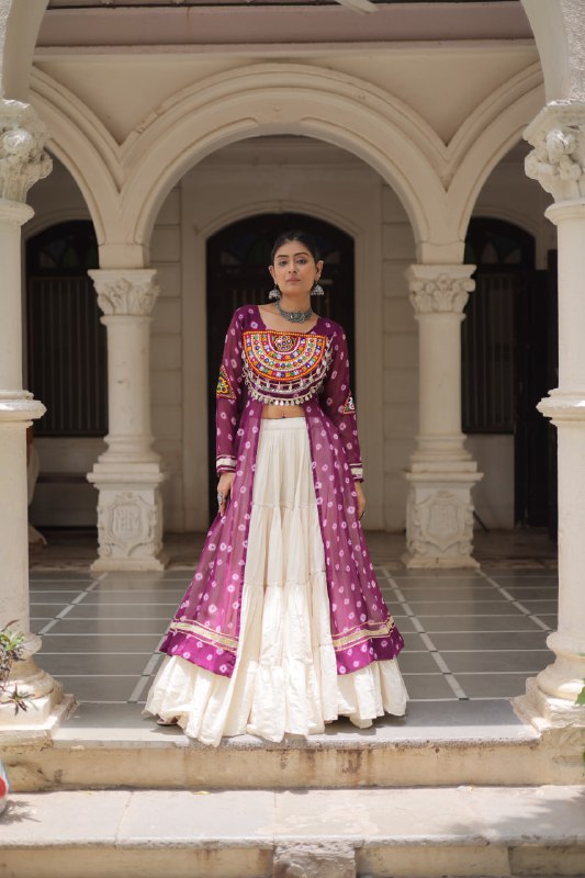 Womenline Purple Color Bandhani Print Kurti With Kora Cotton Lehenga