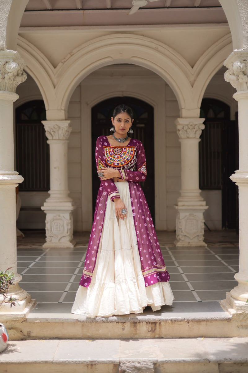 Womenline Purple Color Bandhani Print Kurti With Kora Cotton Lehenga