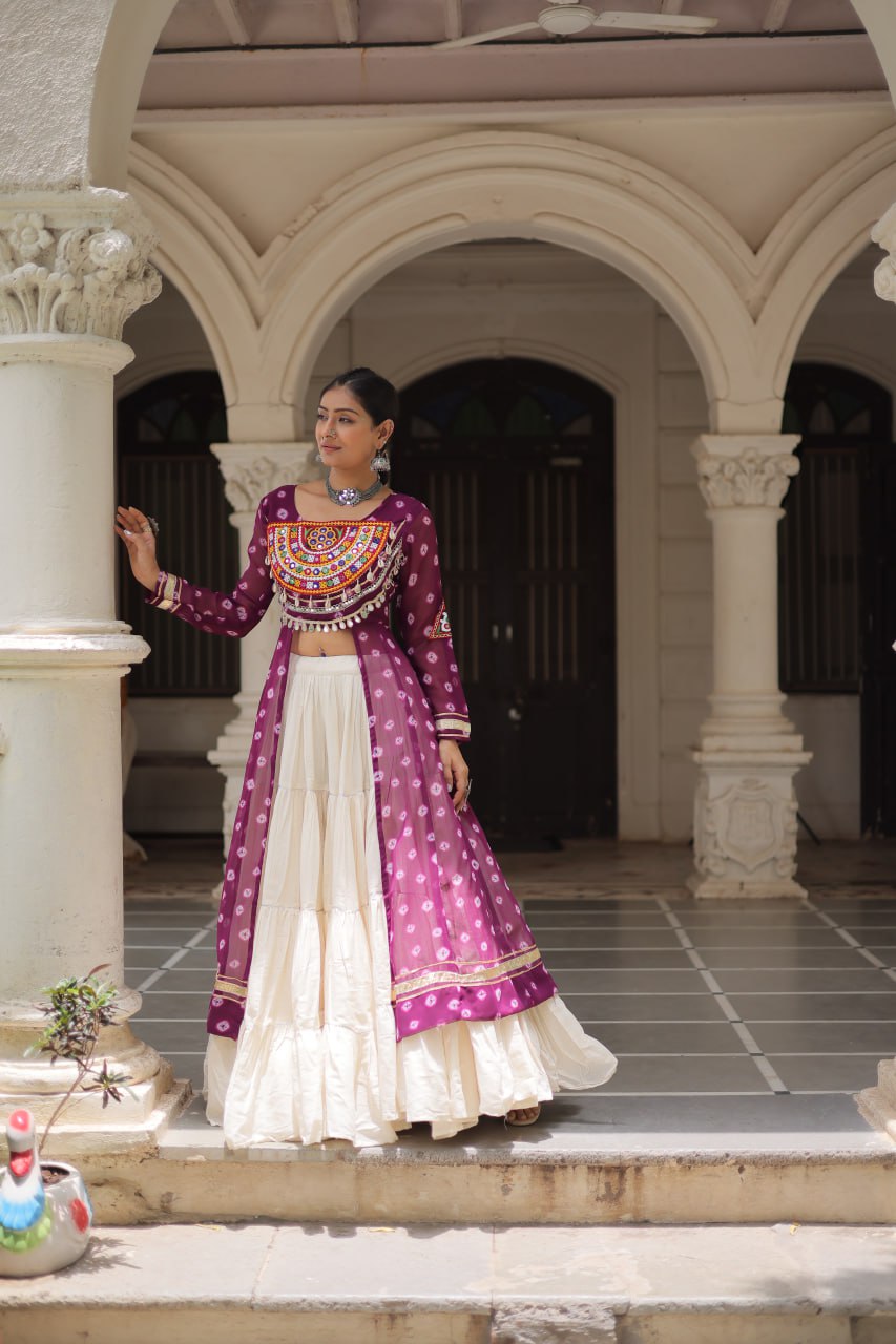 Womenline Purple Color Bandhani Print Kurti With Kora Cotton Lehenga